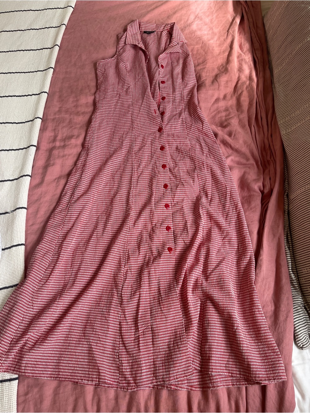 Vintage Red Gingham Button-Front Sleeveless Dress
